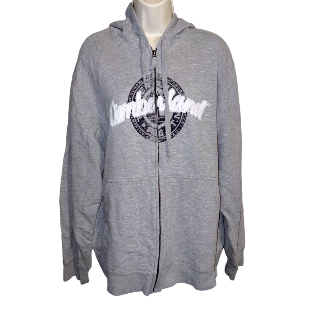 Timberland Full Zip Hoodie MensXL Gray Graphic Logo Sweatshirt Gorpcore Workwear